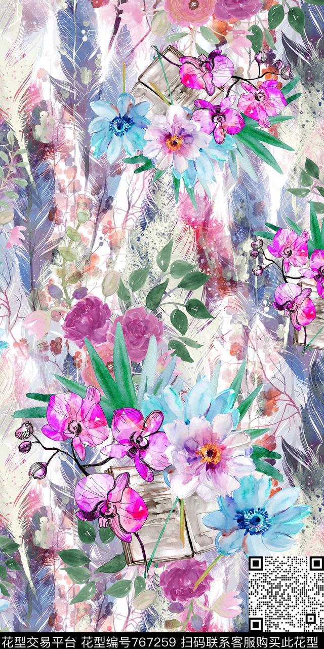 凌乱花卉水彩数码印花华亿平台下载（图片编号: 767259） - 瓦栏（Walan）