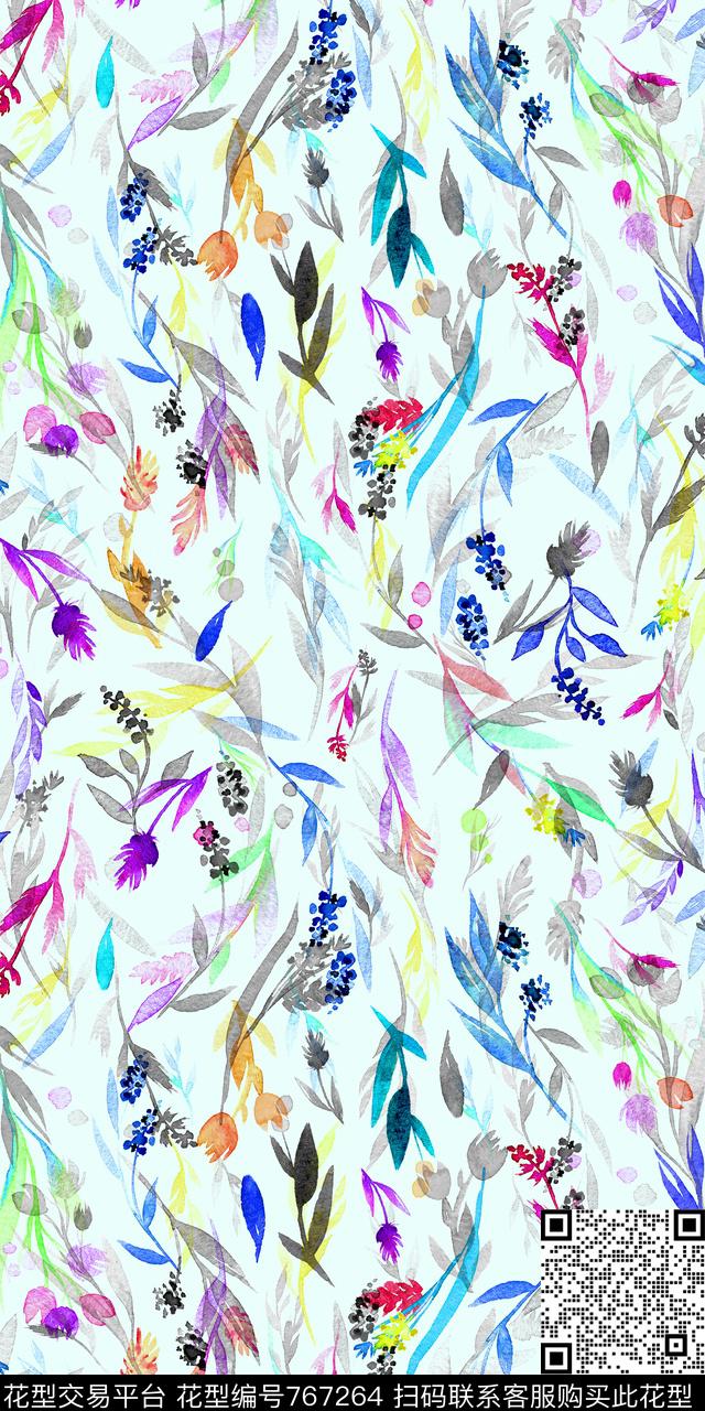手绘小碎花花草数码印花华亿平台下载（图片编号: 767264） - 瓦栏（Walan）