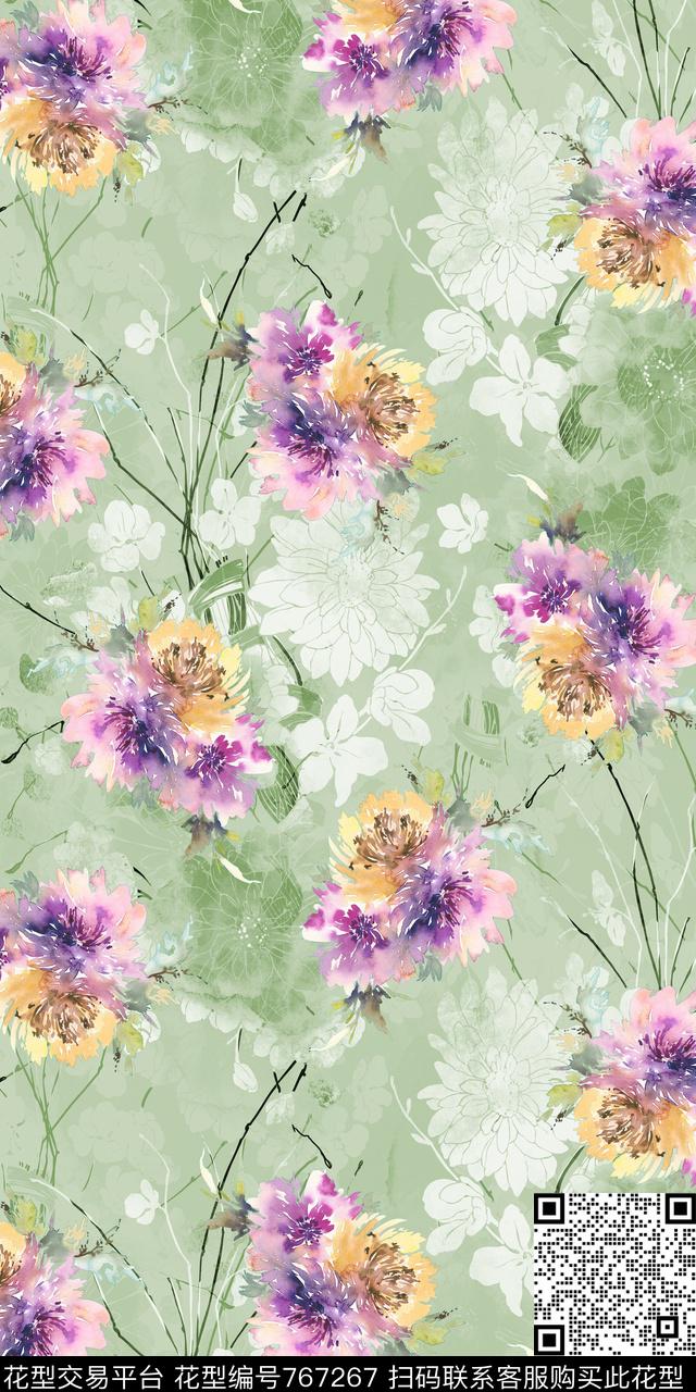 花卉水彩剪影数码印花华亿平台下载（图片编号: 767267） - 瓦栏（Walan）
