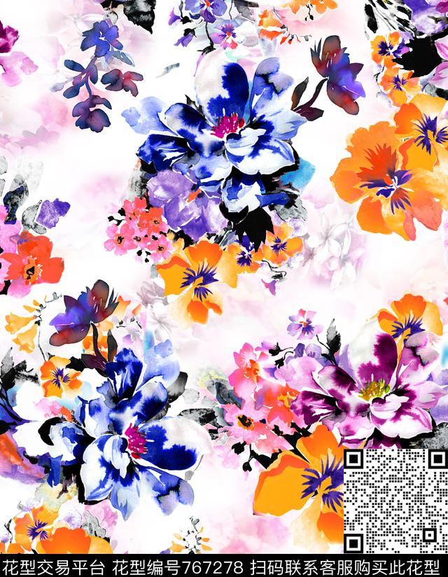 时尚花卉手绘花卉数码印花华亿平台下载（图片编号: 767278） - 瓦栏（Walan）
