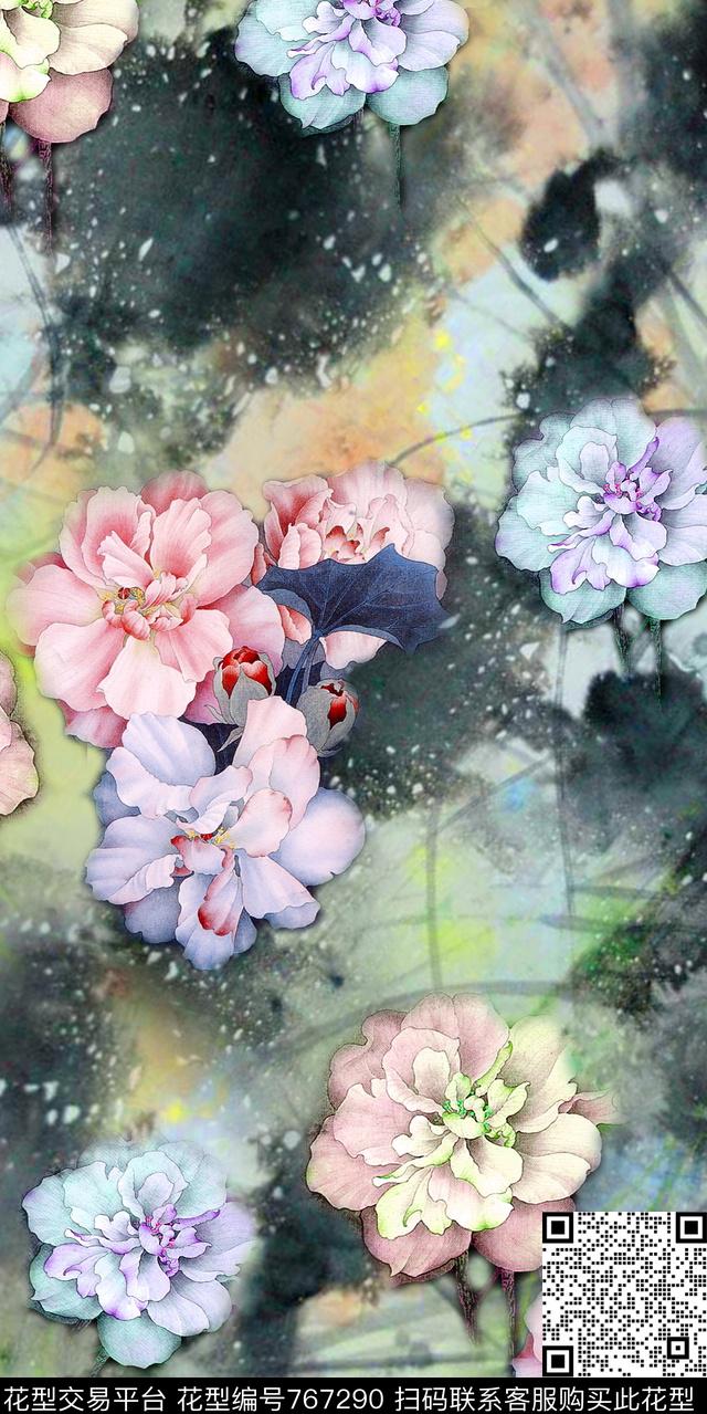 手绘水彩抽象底纹手绘花卉数码印花华亿平台下载（图片编号: 767290） - 瓦栏（Walan）