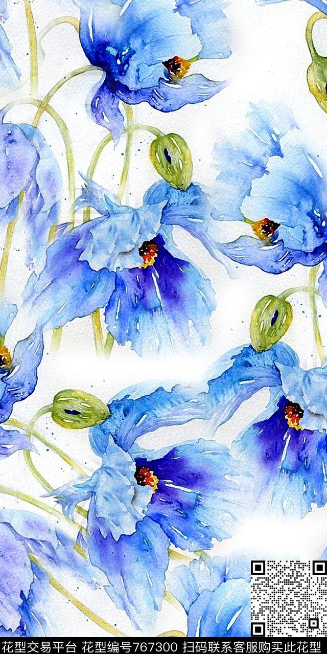 水彩花卉荷花数码印花华亿平台下载（图片编号: 767300） - 瓦栏（Walan）