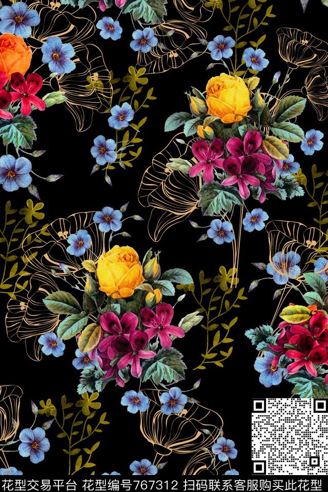 大花花朵花卉数码印花华亿平台下载（图片编号: 767312） - 瓦栏（Walan）