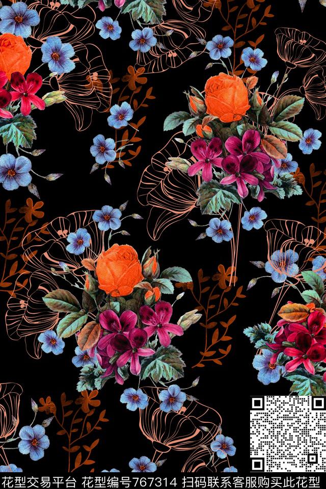 大花花朵花卉数码印花华亿平台下载（图片编号: 767314） - 瓦栏（Walan）