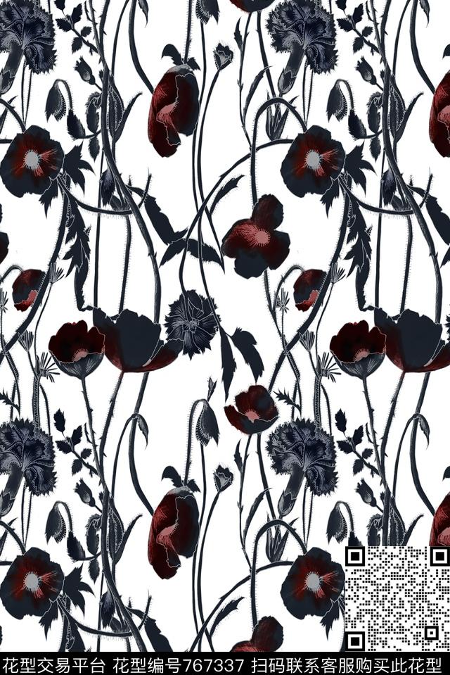 黑白花大花花朵传统印花华亿平台下载（图片编号: 767337） - 瓦栏（Walan）