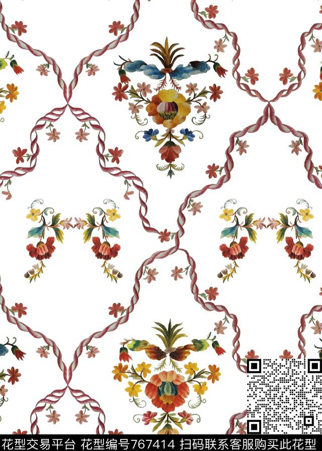 缠枝花卉手绘花卉刺绣风格花卉数码印花华亿平台下载（图片编号: 767414） - 瓦栏（Walan）