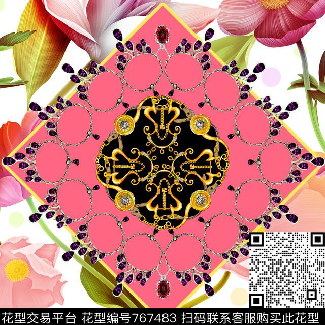 小方巾珠宝花卉数码印花华亿平台下载（图片编号: 767483） - 瓦栏（Walan）