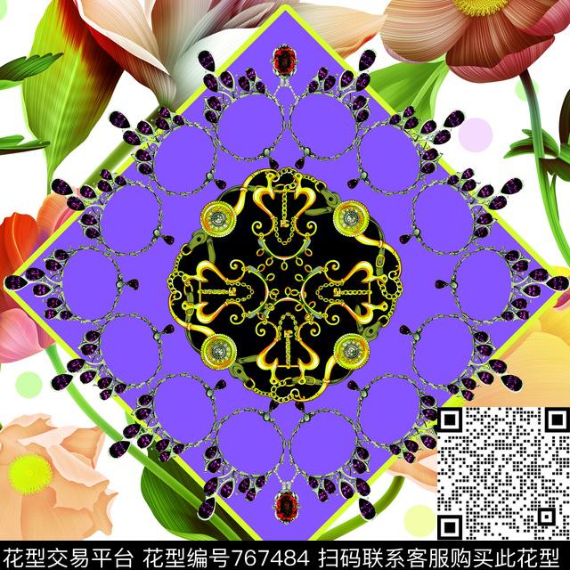 小方巾珠宝花卉数码印花华亿平台下载（图片编号: 767484） - 瓦栏（Walan）