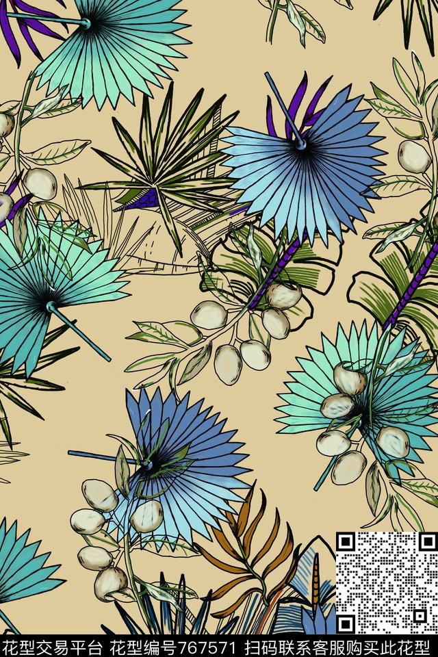 天堂花天堂鸟花热带雨林、棕榈、剑叶传统印花华亿平台下载（图片编号: 767571） - 瓦栏（Walan）