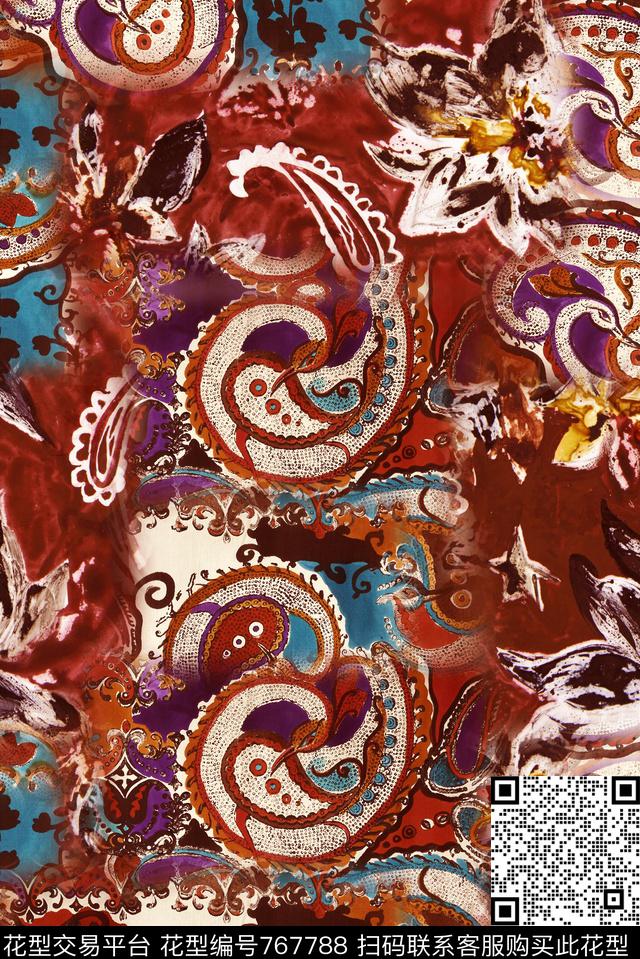 抽象佩斯利花纹数码印花华亿平台下载（图片编号: 767788） - 瓦栏（Walan）