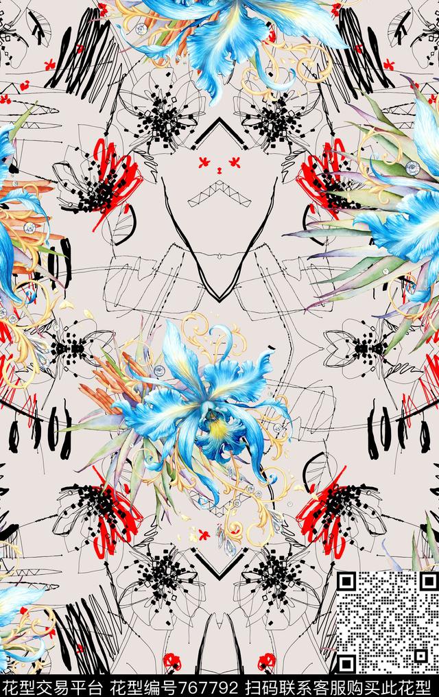 手绘涂鸦花卉数码印花华亿平台下载（图片编号: 767792） - 瓦栏（Walan）