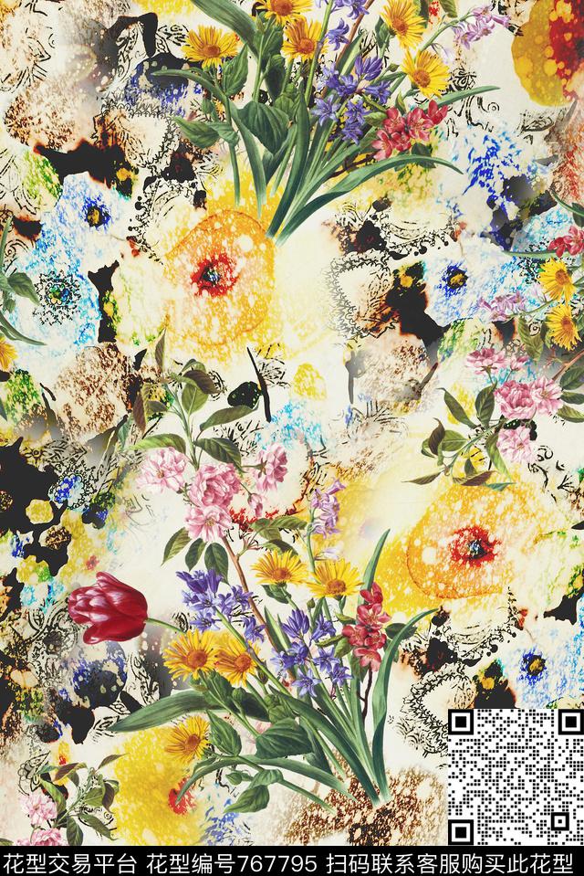 郁金香菊花花草数码印花华亿平台下载（图片编号: 767795） - 瓦栏（Walan）
