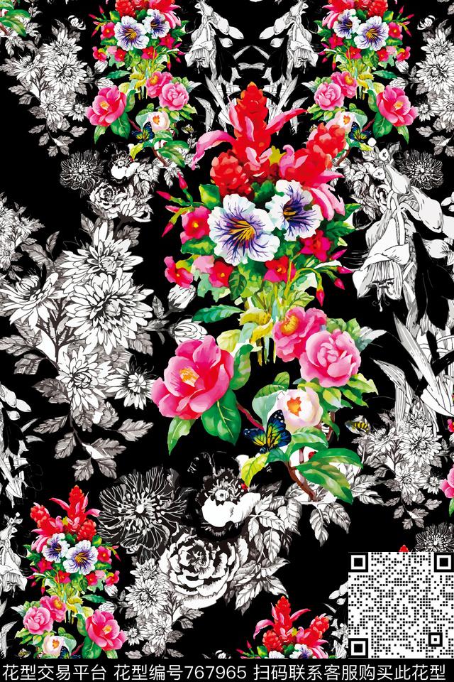 牡丹玫瑰花朵数码印花华亿平台下载（图片编号: 767965） - 瓦栏（Walan）