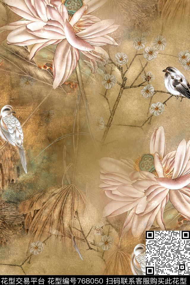 中国风荷花树枝数码印花华亿平台下载（图片编号: 768050） - 瓦栏（Walan）