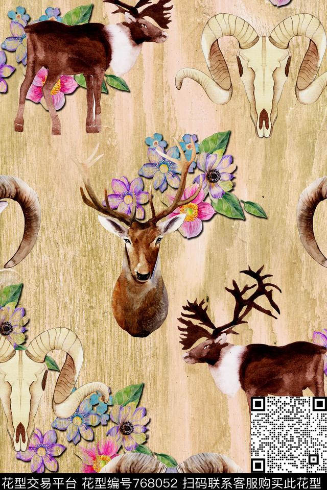 时尚手绘动物头数码印花华亿平台下载（图片编号: 768052） - 瓦栏（Walan）