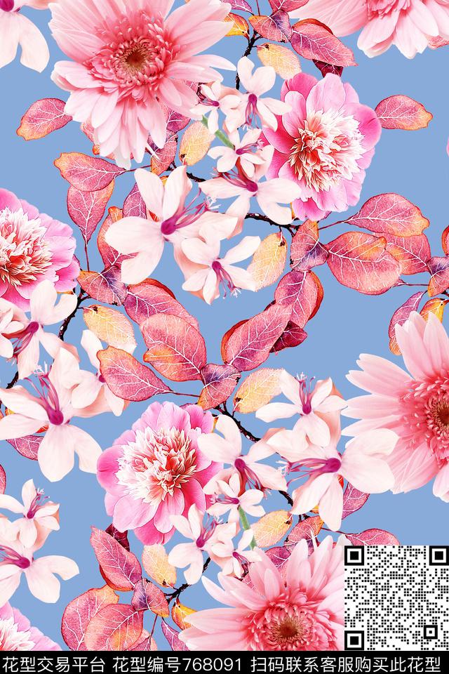 菊花树叶花朵水彩花卉数码印花华亿平台下载（图片编号: 768091） - 瓦栏（Walan）
