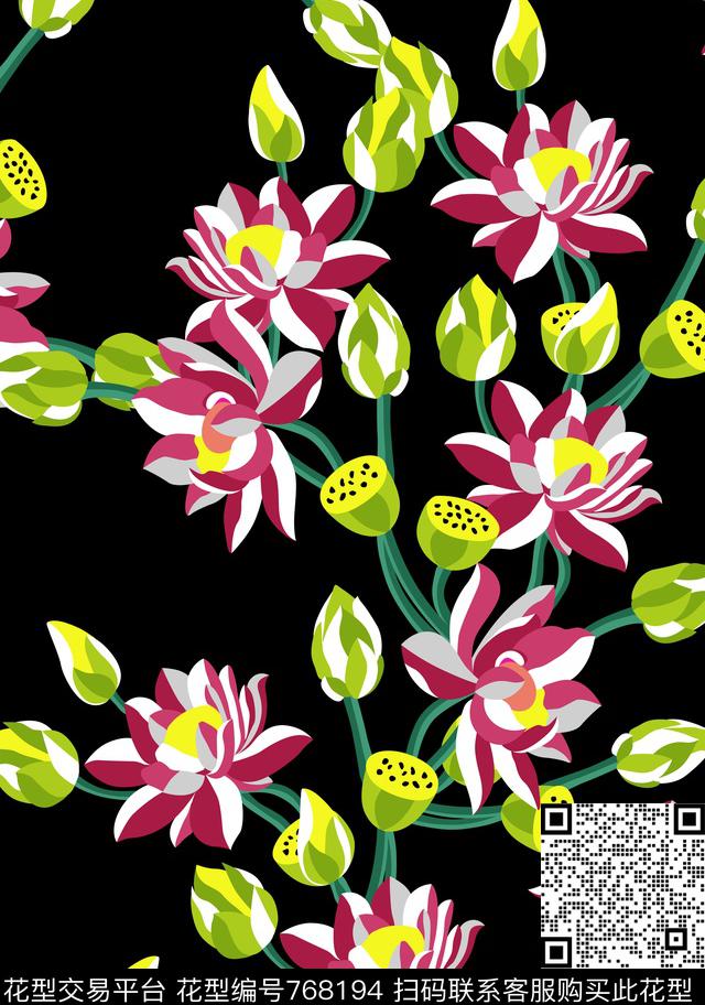 丝巾女装家纺荷花时尚传统印花华亿平台下载（图片编号: 768194） - 瓦栏（Walan）