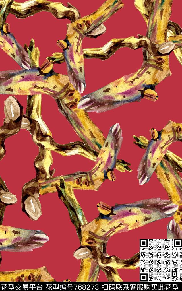 抽象树枝水彩数码印花华亿平台下载（图片编号: 768273） - 瓦栏（Walan）