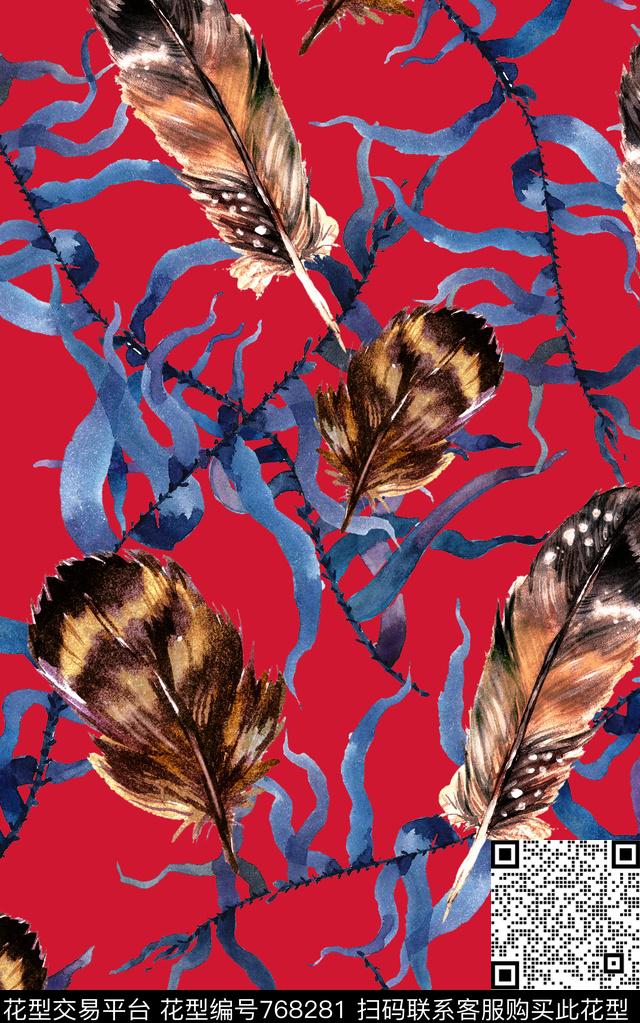 鹦鹉羽毛动物纹数码印花华亿平台下载（图片编号: 768281） - 瓦栏（Walan）