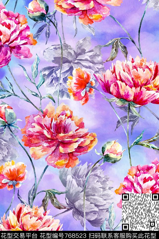 水彩花卉叶子数码印花华亿平台下载（图片编号: 768523） - 瓦栏（Walan）