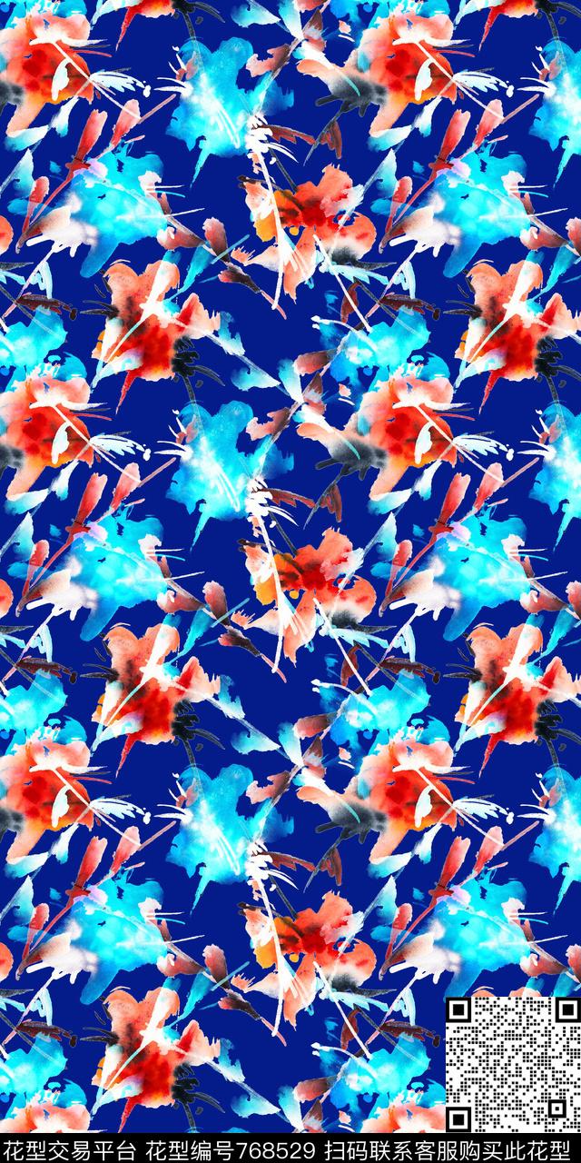 手绘抽象花卉数码印花华亿平台下载（图片编号: 768529） - 瓦栏（Walan）