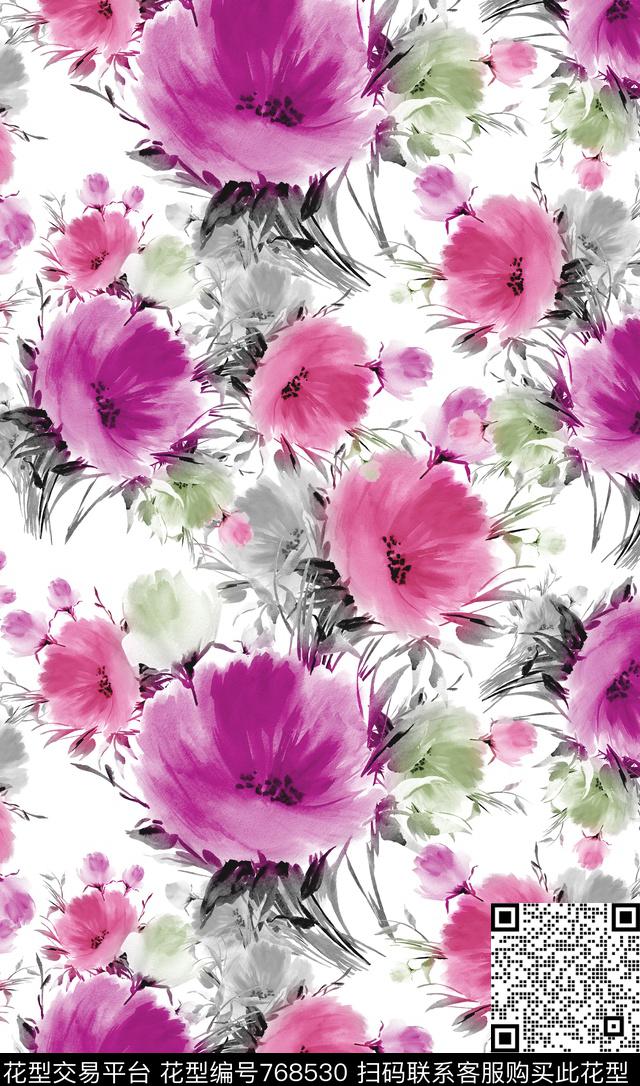 手绘抽象花卉数码印花华亿平台下载（图片编号: 768530） - 瓦栏（Walan）