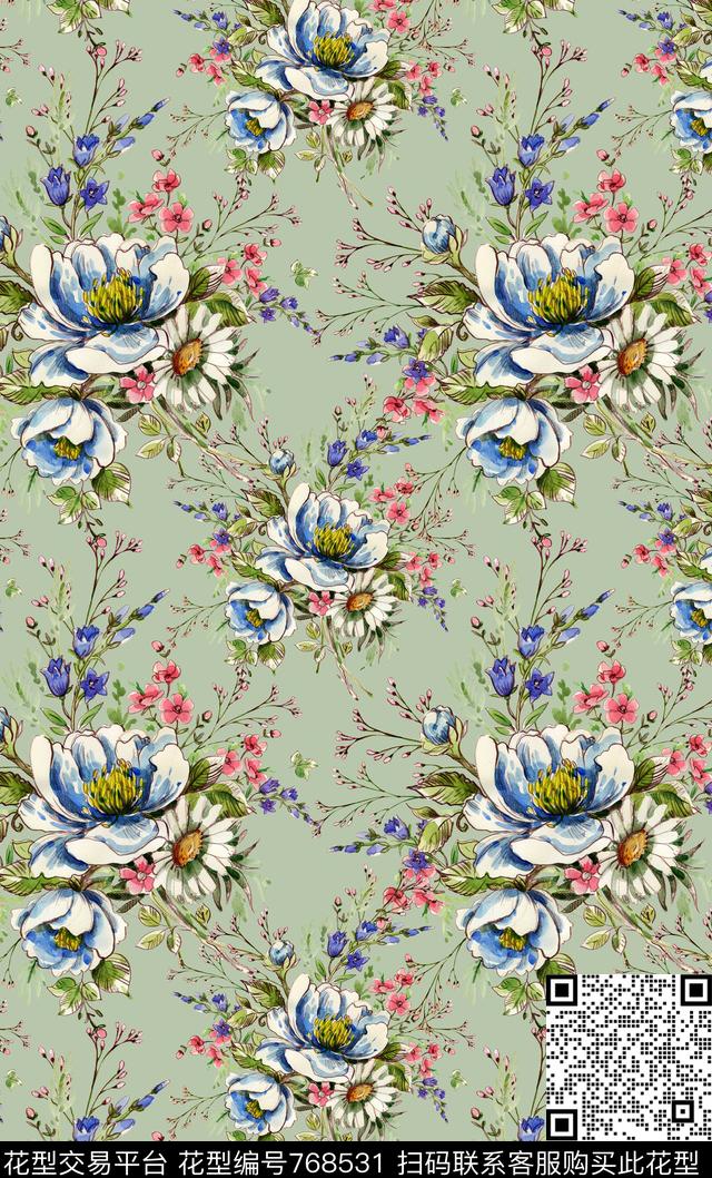 手绘花卉花草数码印花华亿平台下载（图片编号: 768531） - 瓦栏（Walan）