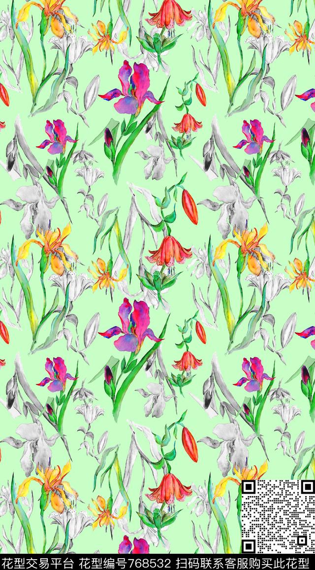 手绘花卉花草数码印花华亿平台下载（图片编号: 768532） - 瓦栏（Walan）