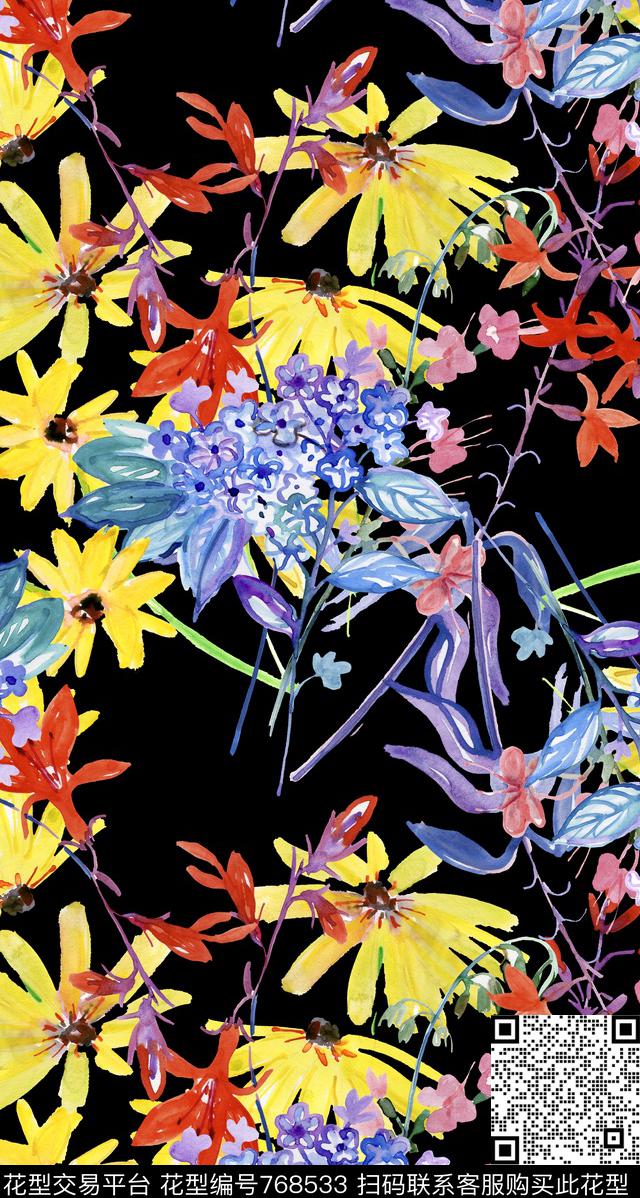 手绘花卉菊花数码印花华亿平台下载（图片编号: 768533） - 瓦栏（Walan）