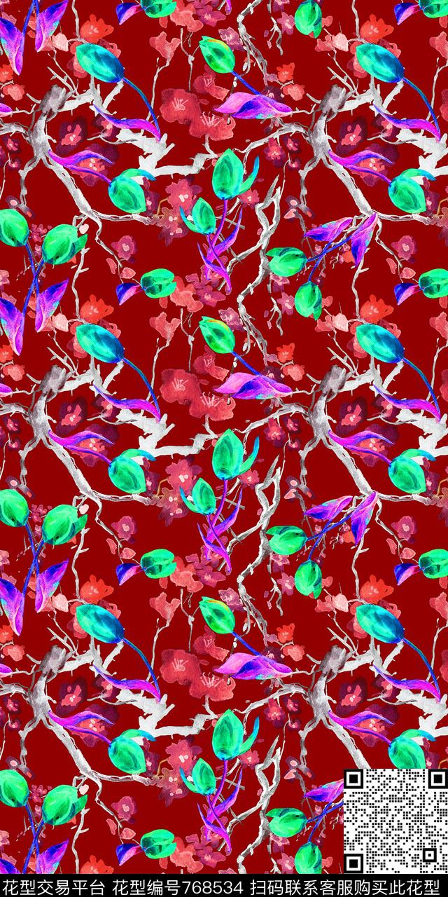 手绘郁金香花卉数码印花华亿平台下载（图片编号: 768534） - 瓦栏（Walan）