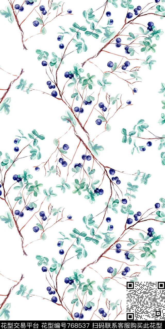 手绘小碎花树枝数码印花华亿平台下载（图片编号: 768537） - 瓦栏（Walan）