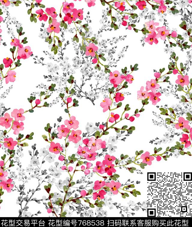 桃枝桃花小碎花数码印花华亿平台下载（图片编号: 768538） - 瓦栏（Walan）