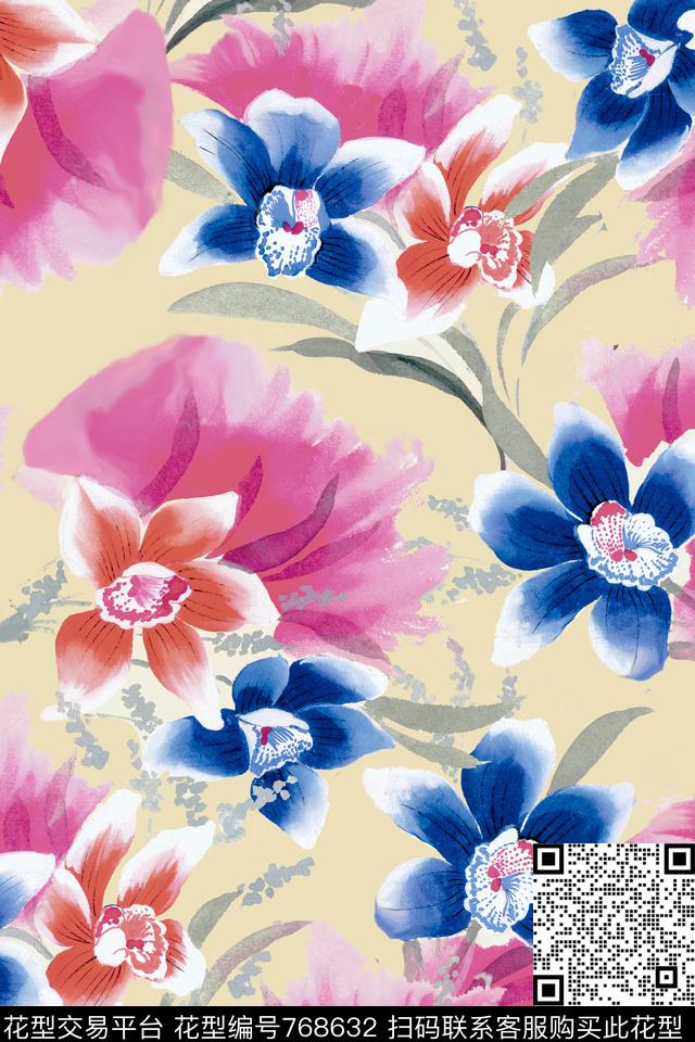中国风花卉花朵数码印花华亿平台下载（图片编号: 768632） - 瓦栏（Walan）