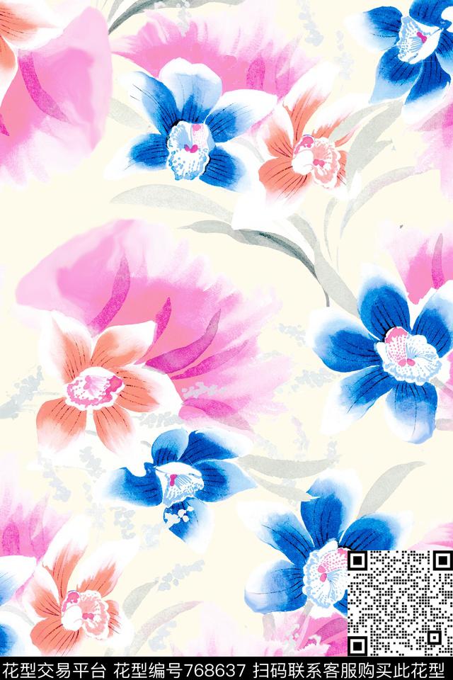 中国风花卉花朵数码印花华亿平台下载（图片编号: 768637） - 瓦栏（Walan）