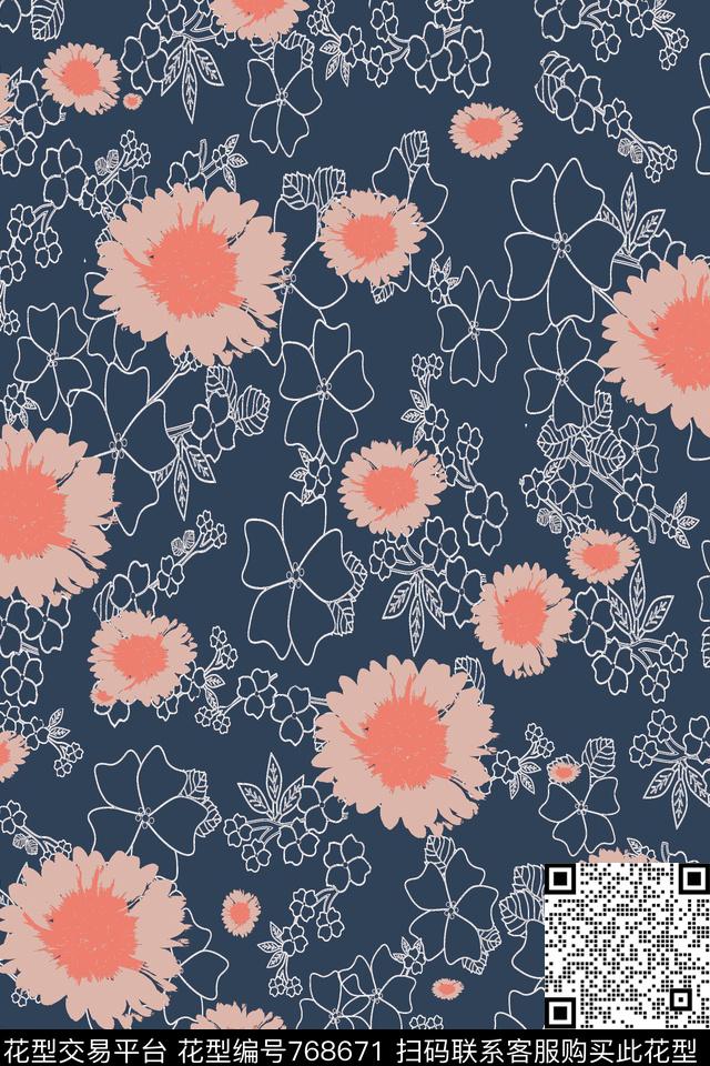 花卉花朵线描传统印花华亿平台下载（图片编号: 768671） - 瓦栏（Walan）