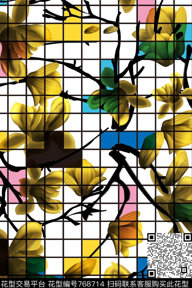 方格几何复古玻璃花数码印花华亿平台下载（图片编号: 768714） - 瓦栏（Walan）