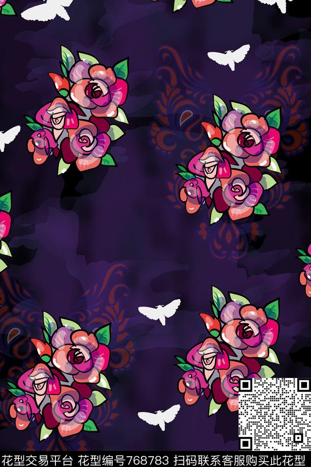 部落中国风花卉数码印花华亿平台下载（图片编号: 768783） - 瓦栏（Walan）