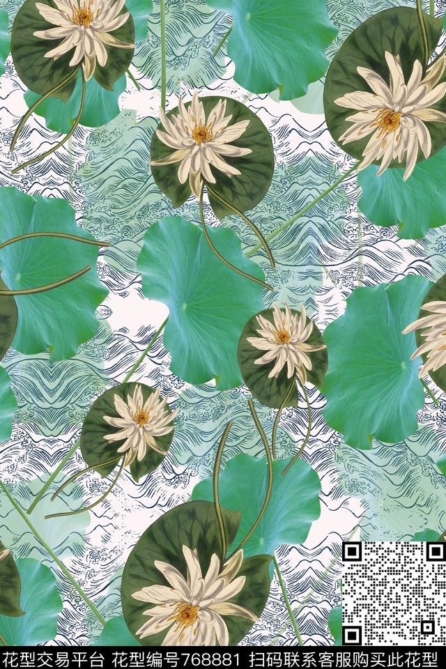 荷花花卉色彩数码印花华亿平台下载（图片编号: 768881） - 瓦栏（Walan）