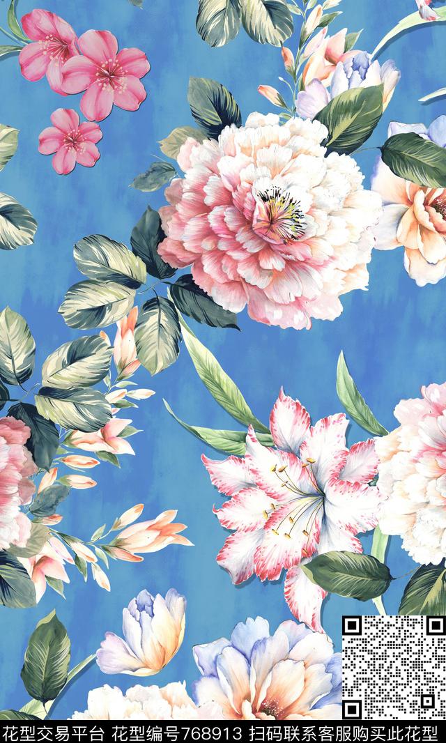 水彩花卉大花小碎花数码印花华亿平台下载（图片编号: 768913） - 瓦栏（Walan）