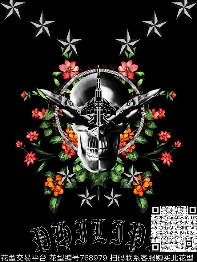 欧美花卉骷髅头数码印花华亿平台下载（图片编号: 768979） - 瓦栏（Walan）