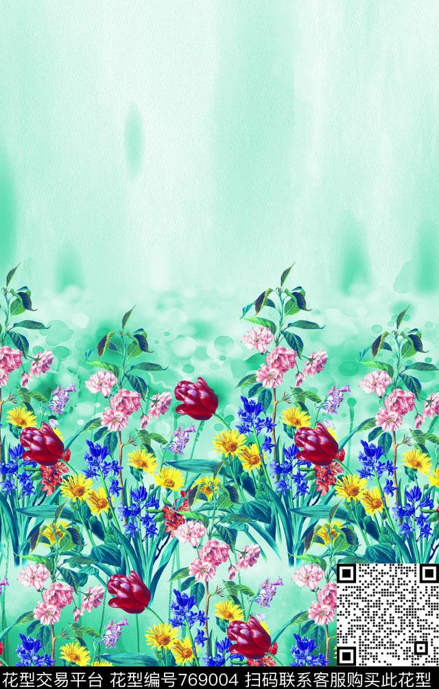 定位花草水墨数码印花华亿平台下载（图片编号: 769004） - 瓦栏（Walan）