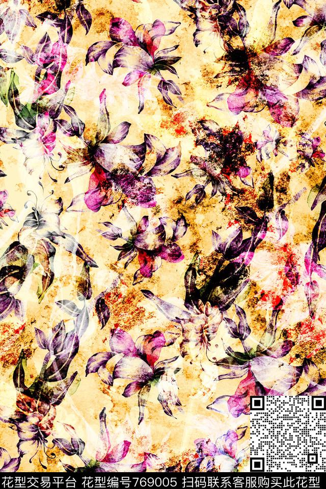 复古泼墨水彩数码印花华亿平台下载（图片编号: 769005） - 瓦栏（Walan）