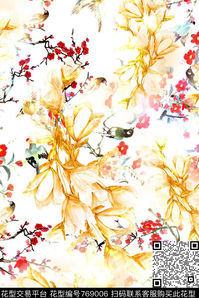 混搭中国风花鸟数码印花华亿平台下载（图片编号: 769006） - 瓦栏（Walan）