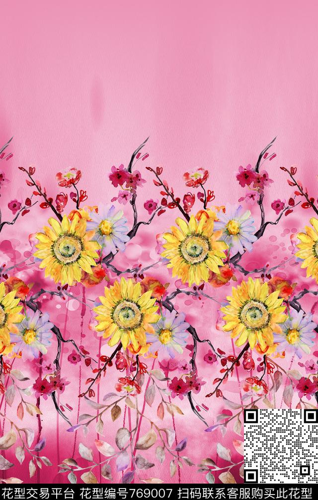 菊花桃花枝条数码印花华亿平台下载（图片编号: 769007） - 瓦栏（Walan）