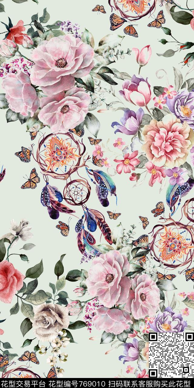 手绘花卉玫瑰数码印花华亿平台下载（图片编号: 769010） - 瓦栏（Walan）