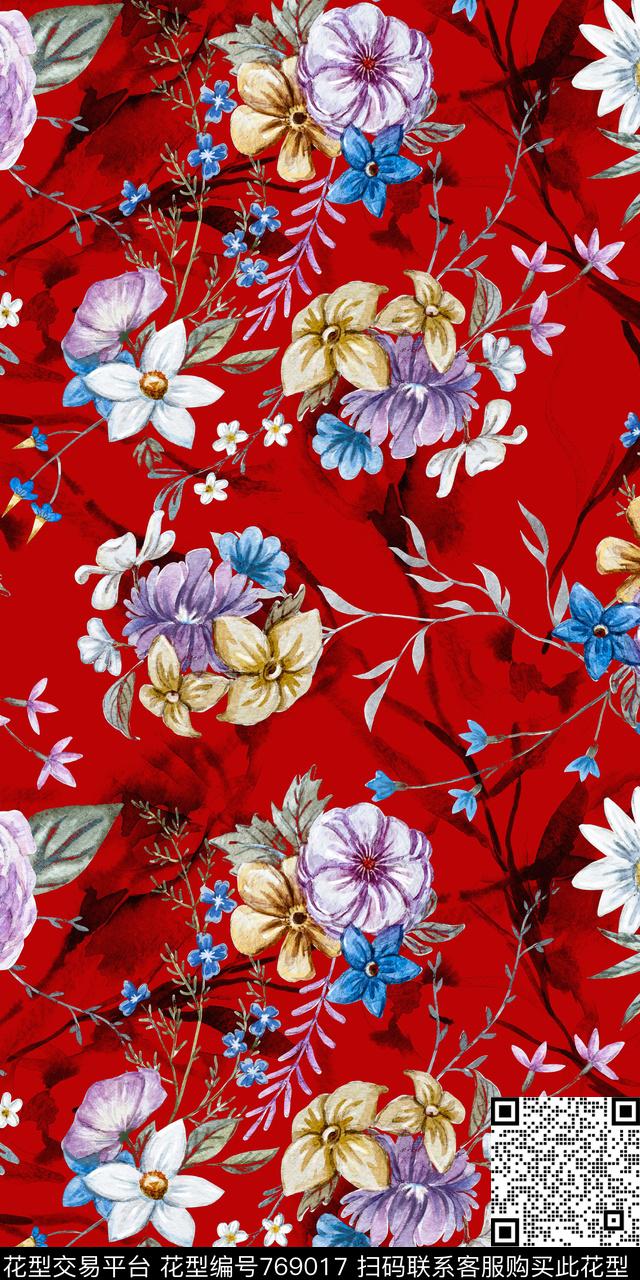 手绘花卉枝条数码印花华亿平台下载（图片编号: 769017） - 瓦栏（Walan）