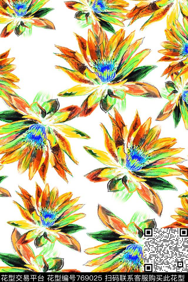 手绘五彩荷花数码印花华亿平台下载（图片编号: 769025） - 瓦栏（Walan）
