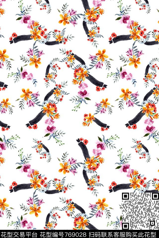 水墨笔触花卉数码印花华亿平台下载（图片编号: 769028） - 瓦栏（Walan）