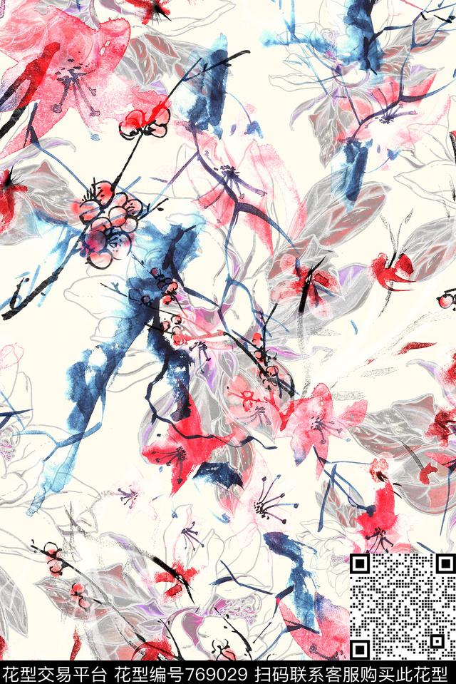 雪纺花卉水彩数码印花华亿平台下载（图片编号: 769029） - 瓦栏（Walan）