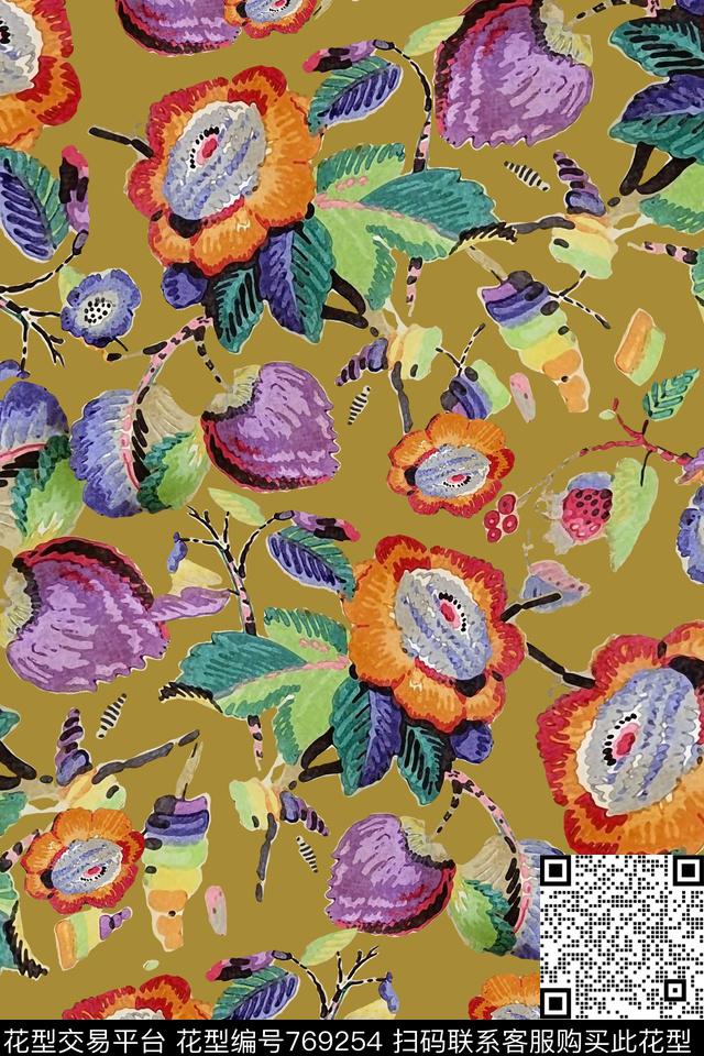 花卉色彩抽象数码印花华亿平台下载（图片编号: 769254） - 瓦栏（Walan）